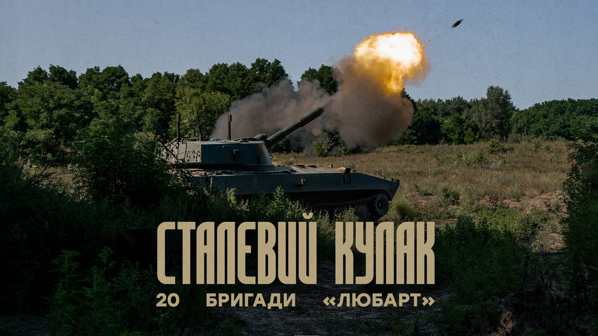 Артилерія робить постріл, напис "Сталевий кулак бригади Любарт"