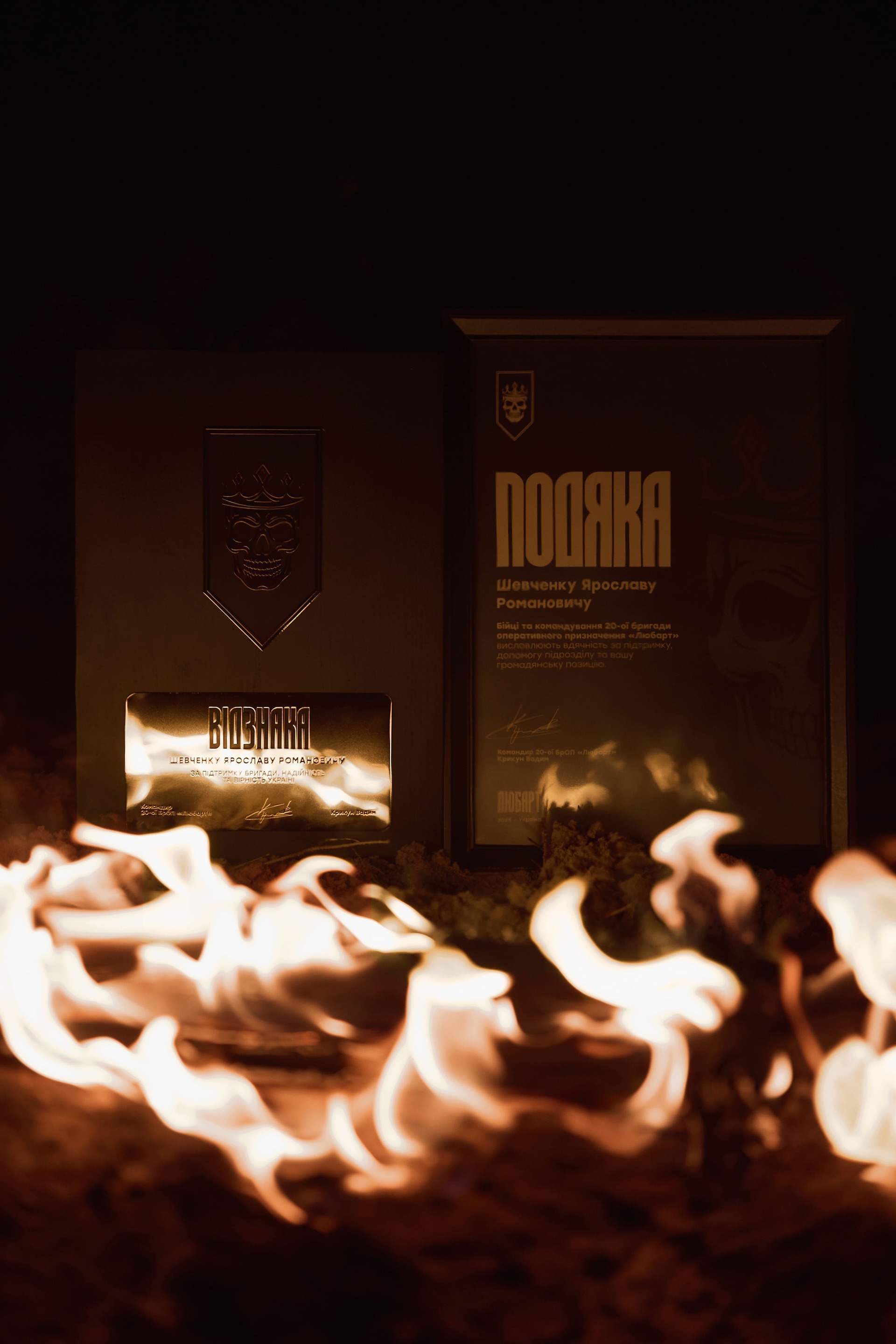 Приклад відзнаки та подяки з символікою бригади Любарт на фоні полум'я